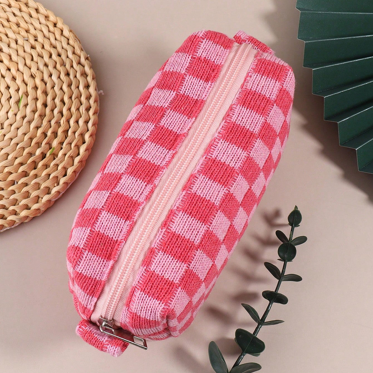 Stationery Office And School Supply Stores - 1PC Pink Checkered Single-Layer Pencil Case,